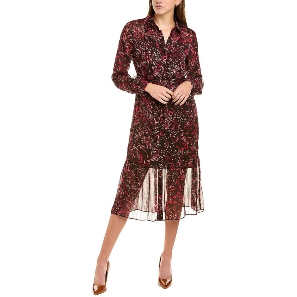 Nanette Lepore Floral Tie Belt Button Front Long-sleeve Shirt Dress Burgundy 12